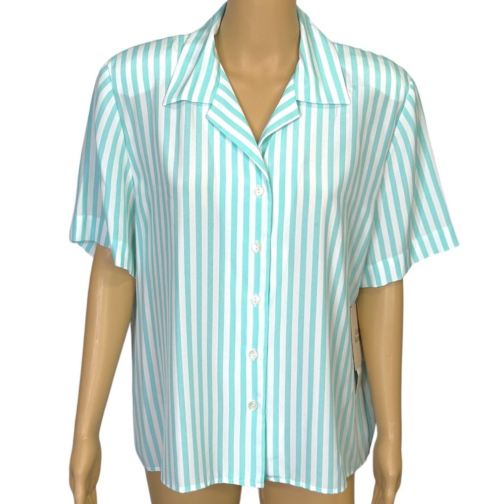 Haberdashery Petite Womens 16P Aqua Striped Button Up Short Sleeve Blouse‎ Shirt